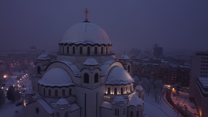 Drone view of Saint Sava, orthodox church in Belgrade, Serbia in winter snowing time.