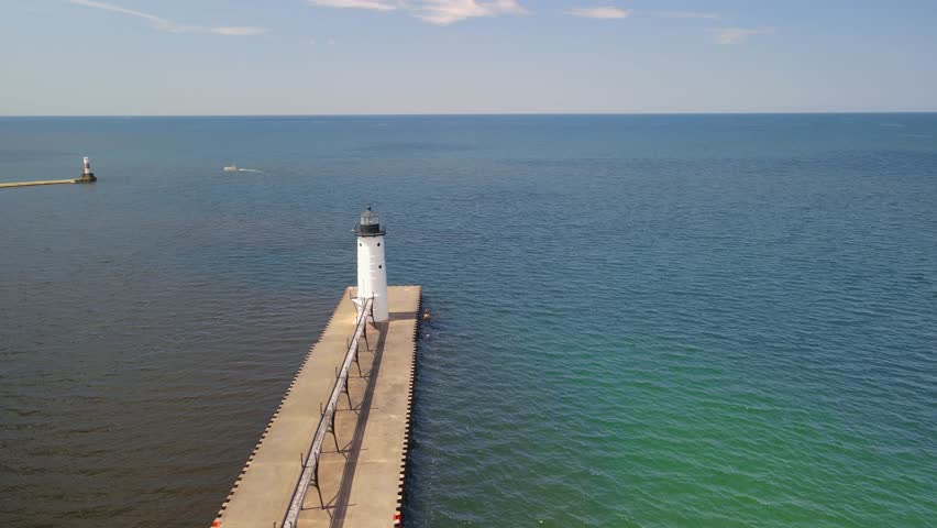  North Pier Lighthouse at Lake Michigan shore in Manistee,  in Western Michigan. 