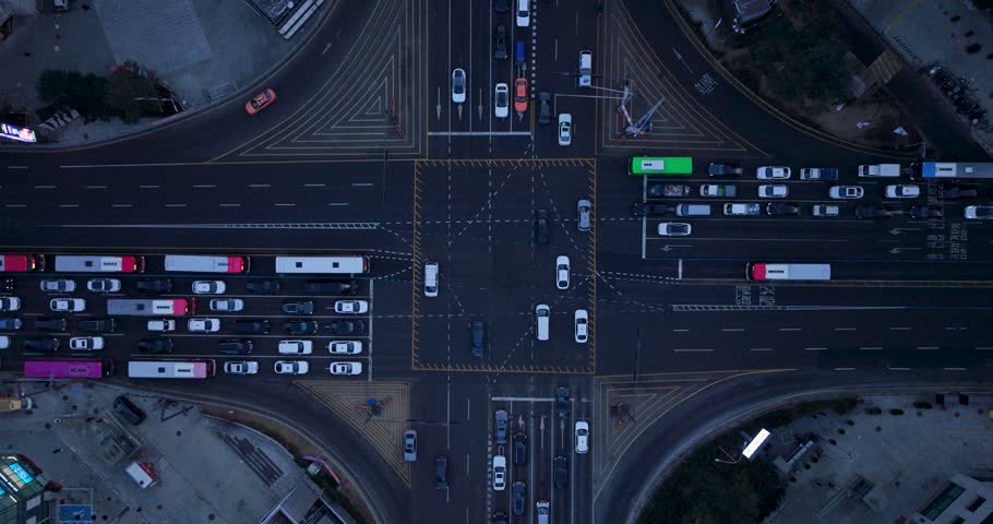 Early Morning Aerial View of Gangnam Intersection, Seoul, South Korea