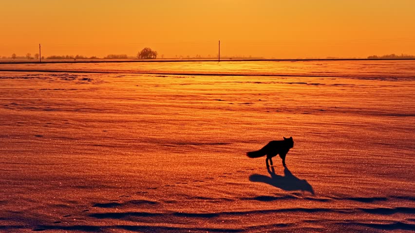 Silhouetted red fox crosses a snow-covered field at golden sunset, casting a long shadow across glowing winter farmland with wide copy space.