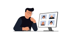 Remote Team Video Call Interface — Business Character in Online Meeting Loop. A modern flat style animation of a business character participating in a remote team video call. The screen shows multiple participants with active speaker indicators and animated voice bars, representing online meetings, remote work, digital communication and teamwork. Seamless loop ideal for SaaS, corporate websites, presentations and explainer videos. - Powered by Shutterstock - Get 15% off with code: PIKWIZARD15