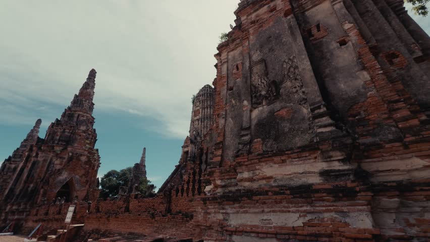 Wide shot of the ancient brick towers and walls of Wat Chaiwatthanaram temple ruins in Ayothaya, Thailand.