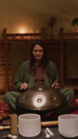 Full vertical shot of young Caucasian female musician playing music on handpan, while performing at private candlelit concert, singing bowls, wind chime, didgeridoo lying on carpet