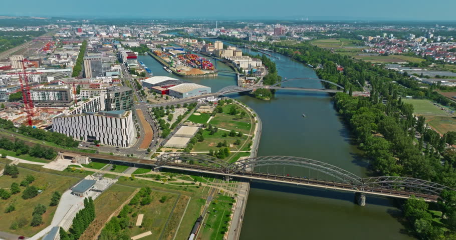 Aerial view of Frankfurt with modern skyscrapers beautiful sunny day, city center. Financial capital of Europe, Hesse, Germany,