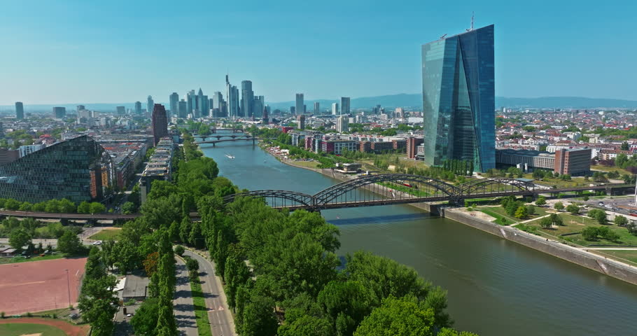 Aerial view of Frankfurt with modern skyscrapers beautiful sunny day, city center. Financial capital of Europe, Hesse, Germany,