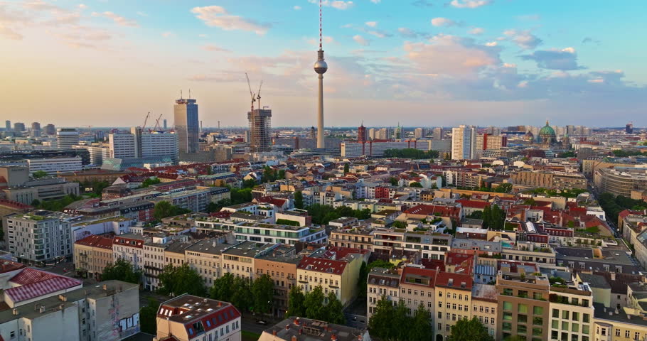 Aerial view of Berlin. Cityscape with roofs architectural landmarks tv tower and other attractions, Germany