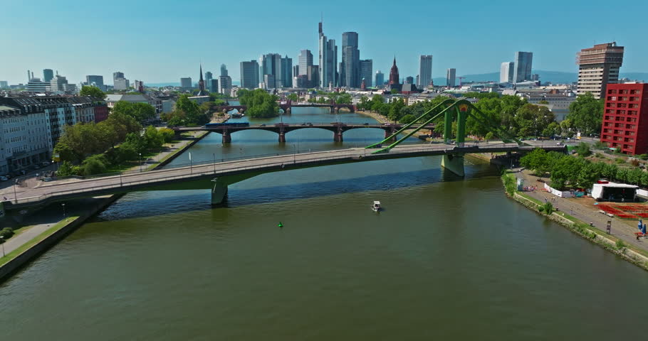 Aerial view of the skyline of Frankfurt, Germany, river Main and the financial skyscrapers 
