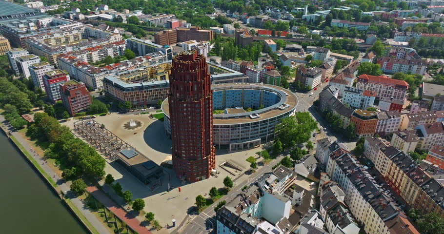 Aerial view of Frankfurt with modern skyscrapers beautiful sunny day, city center. Financial capital of Europe, Hesse, Germany,