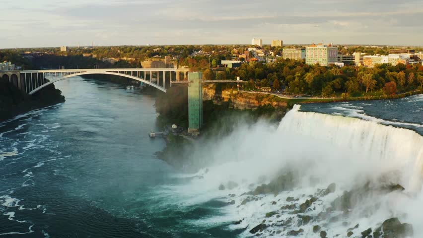 scenic view of the American falls and the rainbow bridge in Niagara Falls, New York during a clear sunny day, as captured by camera.