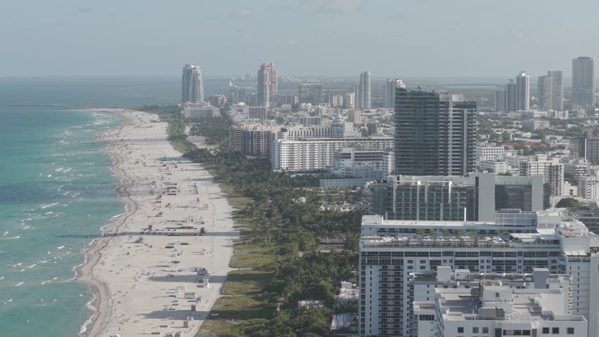 South Beach Miami Florida USA, Drone Aerial View of Oceanfront Buildings and Sandy Shore