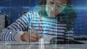 Animation of data processing and robotic hand over caucasian girl using tablet. Global connections, computing and digital interface concept digitally generated video. - Powered by Shutterstock - Get 15% off with code: PIKWIZARD15