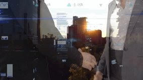 Animation of financial data and graphs over diverse businesspeople shaking hands and cityscape. Business, finance and cooperation concept digitally generated video. - Powered by Shutterstock - Get 15% off with code: PIKWIZARD15