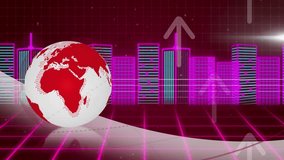 Animation of graphical press start pink text over globe, buildings, grid pattern and arrow signs. Digitally generated, video game, futuristic and technology concept. - Powered by Shutterstock - Get 15% off with code: PIKWIZARD15