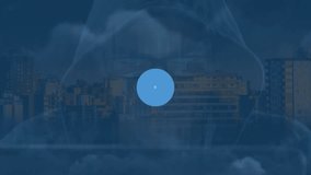 Animation of speedometer icons connecting with lines against hacker, data, 6g and cityscape. Digital composite, multiple exposure, connect the dots, telecommunication, cyber crime, network security. - Powered by Shutterstock - Get 15% off with code: PIKWIZARD15