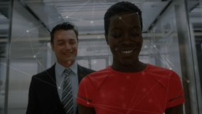 Animation of network of connections over diverse businessman and businesswoman walking at office. Global networking and business technology concept - Powered by Shutterstock - Get 15% off with code: PIKWIZARD15