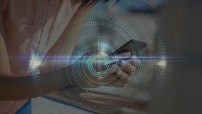 Animation of blue globe and data processing over businesswoman on train talking on smartphone. Global communication network and digital interface concept digitally generated video. - Powered by Shutterstock - Get 15% off with code: PIKWIZARD15