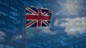 Animation of stock market data processing over waving uk flag against clouds in the blue sky. National economy and business technology concept - Powered by Shutterstock - Get 15% off with code: PIKWIZARD15