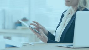 Animation of data processing over caucasian businesswoman using tablet and laptop. Global business, computing and digital interface concept digitally generated video. - Powered by Shutterstock - Get 15% off with code: PIKWIZARD15