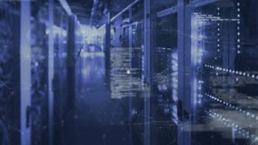 Animation of connected icons and dots with programming language over server room. Digital composite, multiple exposure, communication, coding, networking, technology and network server concept. - Powered by Shutterstock - Get 15% off with code: PIKWIZARD15