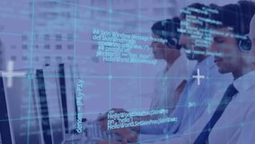 Animation of data processing over diverse colleagues using phone headsets and computers. Global business, communication, computing and digital interface concept digitally generated video. - Powered by Shutterstock - Get 15% off with code: PIKWIZARD15