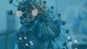 Animation of scientific data processing over test tubes spinning in laboratory. Global science, connections, computing and data processing concept digitally generated video. - Powered by Shutterstock - Get 15% off with code: PIKWIZARD15