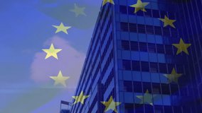 Hand holding globe with flags animation over European Union stars and building. Globalization, international, unity, collaboration, diplomacy, diversity - Powered by Shutterstock - Get 15% off with code: PIKWIZARD15