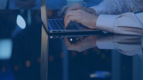 Office worker typing on laptop in blue business tech workspace, network icons floating over desk. Technology, collaboration, innovation, modern, professional, digital, data - Powered by Shutterstock - Get 15% off with code: PIKWIZARD15