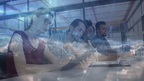 First woman tapping tablet and team writing notes as network overlay growing over business meeting. Collaboration, teamwork, presentation, digital, innovation, modern, technology - Powered by Shutterstock - Get 15% off with code: PIKWIZARD15