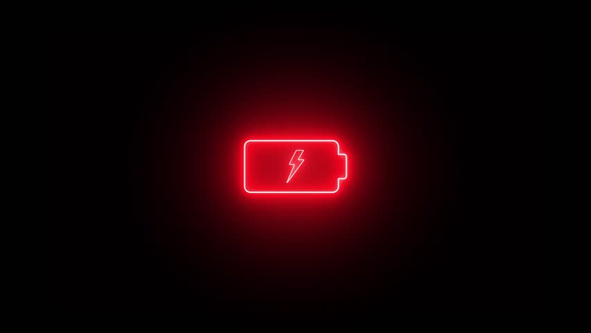 Battery low, animated flashing low battery icon on black background, 4k video
