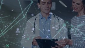 Animation of network of connections with icons over caucasian male doctor talking with patient. global medicine and digital interface concept digitally generated video. - Powered by Shutterstock - Get 15% off with code: PIKWIZARD15