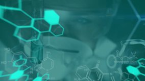 Animation of data processing and chemical formula over scientist in lab. global science, data processing and digital interface concept digitally generated video. - Powered by Shutterstock - Get 15% off with code: PIKWIZARD15
