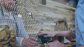 Animation of data processing over hands of caucasian people using payment terminal. Trade, finance, wireless payments and technology concept digitlaly generated video. - Powered by Shutterstock - Get 15% off with code: PIKWIZARD15