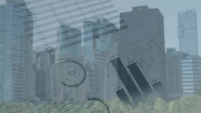 Animation data processing and green lines over cityscape. Global technology, computing and digital interface concept digitally generated video. - Powered by Shutterstock - Get 15% off with code: PIKWIZARD15