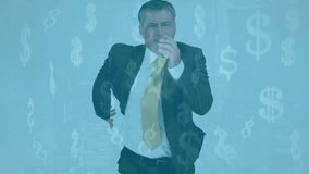 Caucasian man wearing vr headset against vector and copy space on blue background. Business and cloud storage technology concept. - Powered by Shutterstock - Get 15% off with code: PIKWIZARD15