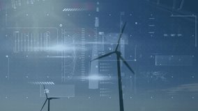 Animation of interface with data processing over spinning windmills against road. Renewable energy and business data technology concept - Powered by Shutterstock - Get 15% off with code: PIKWIZARD15