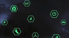 Animation of eco icons data processing over city. Global environment, business, connections, computing and data processing concept digitally generated video. - Powered by Shutterstock - Get 15% off with code: PIKWIZARD15