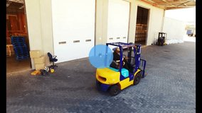 Animation of network of connections over caucasian male worker driving lift truck in warehouse. Global delivery and digital interface concept digitally generated video. - Powered by Shutterstock - Get 15% off with code: PIKWIZARD15