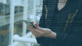 Animation of globe of connections over caucasian woman using smartphone. global connections and data processing concept digitally generated video. - Powered by Shutterstock - Get 15% off with code: PIKWIZARD15