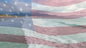 Composite video of waving american flag against aerial view of beach and sea waves. National tourism and travel concept - Powered by Shutterstock - Get 15% off with code: PIKWIZARD15