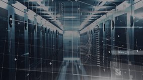 Animation of data processing and network of connections over server room. Global technology, computing and digital interface concept digitally generated video. - Powered by Shutterstock - Get 15% off with code: PIKWIZARD15