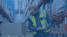 Animation of network of connections with icons over caucasian male worker in warehouse. Global shipping, delivery and digital interface concept digitally generated video. - Powered by Shutterstock - Get 15% off with code: PIKWIZARD15