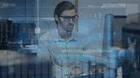 Animation of data processing over caucasian businessman in office. Global business and digital interface concept digitally generated video. - Powered by Shutterstock - Get 15% off with code: PIKWIZARD15