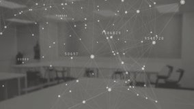 Animation of multiple changing numbers and network of connections against empty office. Global networking and business technology concept - Powered by Shutterstock - Get 15% off with code: PIKWIZARD15