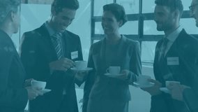 Animation of financial data processing over diverse businesspeople holding coffee cups discussing. Global finance and business data technology concept - Powered by Shutterstock - Get 15% off with code: PIKWIZARD15