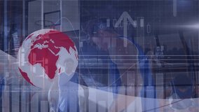 Animation of globe, graphs, up arrows, city against diverse basketball players doing stretching. Digital composite, multiple exposure, globalization, report, growth, sport, exercise, competition. - Powered by Shutterstock - Get 15% off with code: PIKWIZARD15