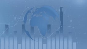 Animation of white particles over statistical data processing and spinning globe on blue background. Global networking and business data technology concept - Powered by Shutterstock - Get 15% off with code: PIKWIZARD15