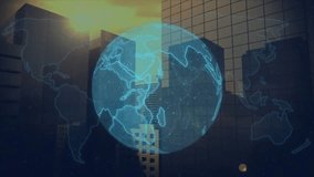 Animation of digital globe with data overlaying cityscape, showing global connectivity. Globalization, technology, innovation, cyberspace, communication, connection - Powered by Shutterstock - Get 15% off with code: PIKWIZARD15