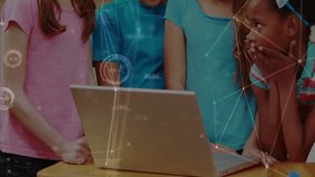 Teacher placing hand on desk and guiding students tapping laptop trackpad for interactive learning. Education, collaboration, innovation, digital, classroom, youthful, engagement - Powered by Shutterstock - Get 15% off with code: PIKWIZARD15