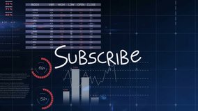 Animation of subscribe text and data processing on blue background. social media and communication interface concept digitally generated video. - Powered by Shutterstock - Get 15% off with code: PIKWIZARD15