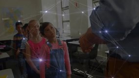 Animation of network of connections over diverse group of pupils in classroom. education and learning concept digitally generated video. - Powered by Shutterstock - Get 15% off with code: PIKWIZARD15